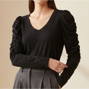 Black Ruched Puff Sleeve V-Neck Top Cotton Blend Six Fifty Size Medium